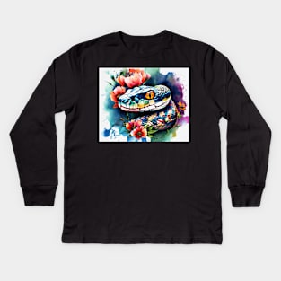 Snake head in the watercolor style  with flowers and vibrant hues. Kids Long Sleeve T-Shirt